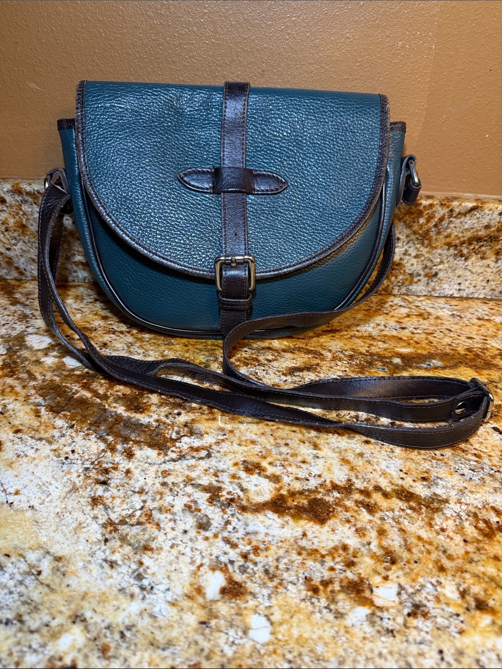 Valentina Made in Italy Dark Teal and Brown Leather Crossbody Bag